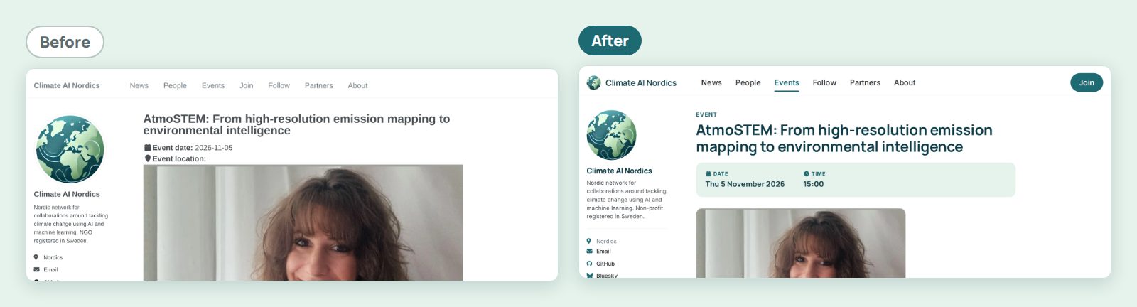 An event page before and after: the new design shows the date, weekday and time in a clear box