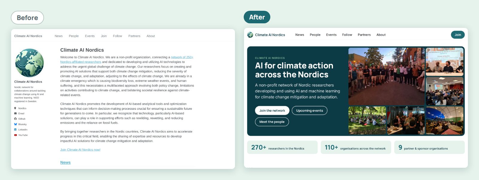 The Climate AI Nordics homepage before and after the redesign