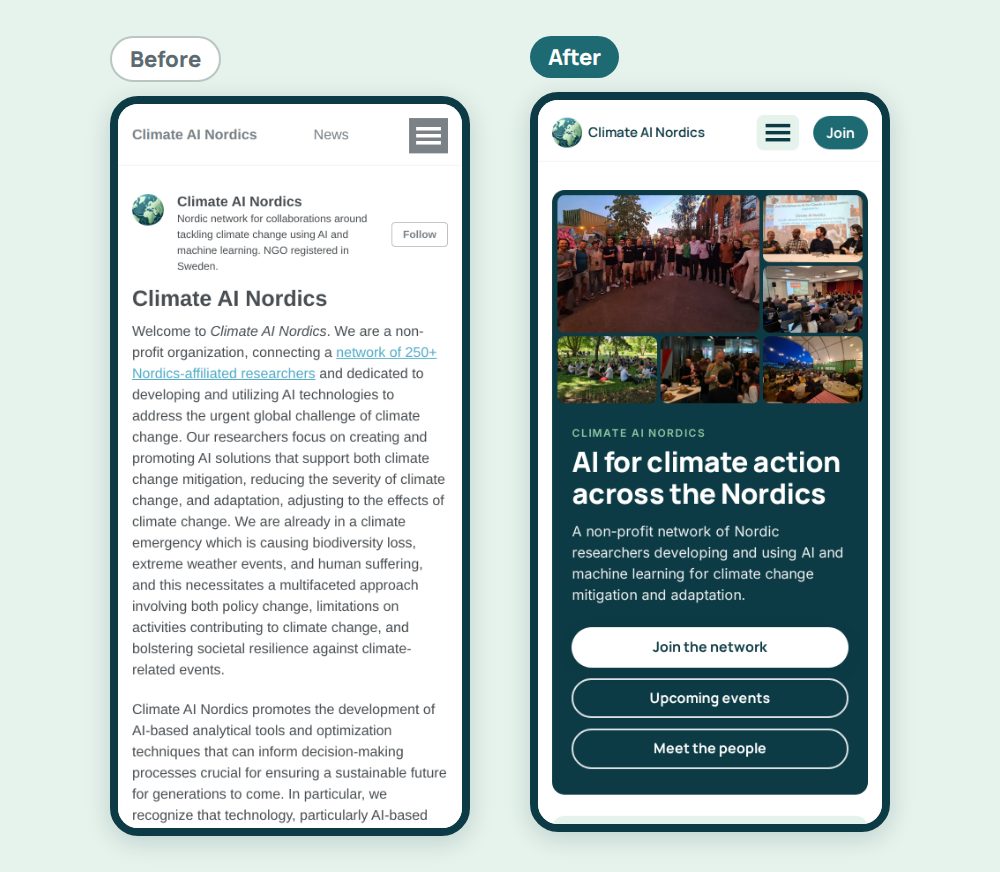 The homepage on a phone before and after the redesign