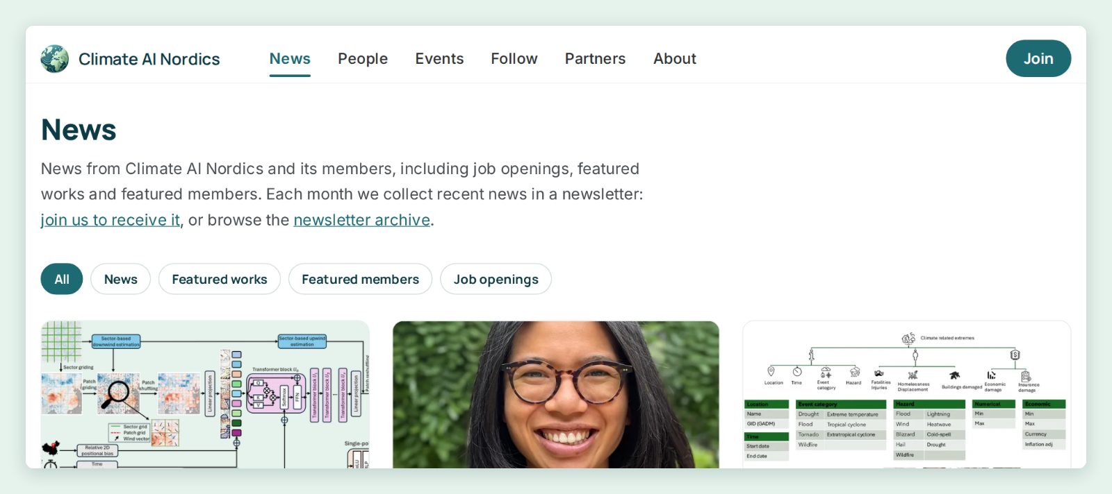The News page with filter buttons for news, featured works, featured members and job openings